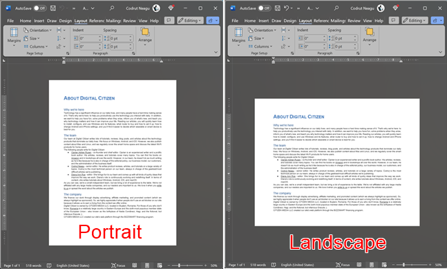 How a document looks in portrait vs. landscape mode