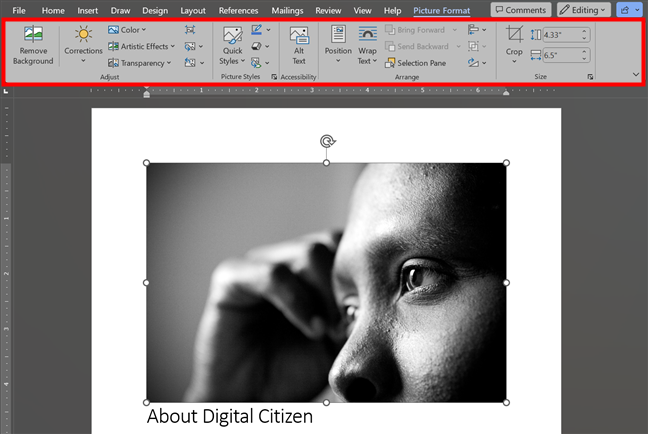 Tools available for editing images in Word