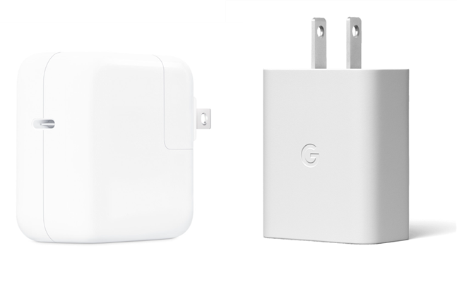 30W USB-C charger made by Apple (left) and Google (right)
