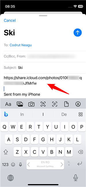 Sending the iCloud link in an email message