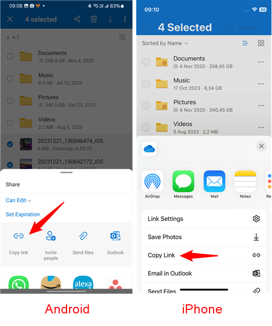 Tap Copy link to share the photos with OneDrive
