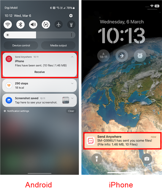 Notifications received when transferring pictures on Androids and iPhones