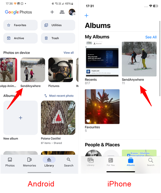 Where to find the photos transferred on Android and iPhone