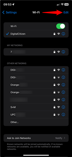 Tap on Edit to view a saved Wi-Fi password on an iPhone