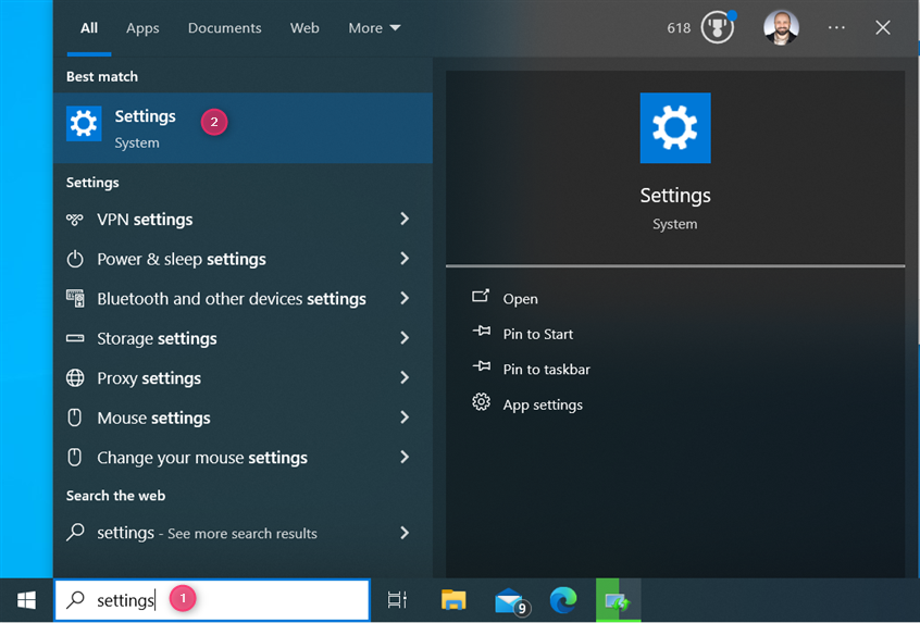 Search for Settings in Windows 10