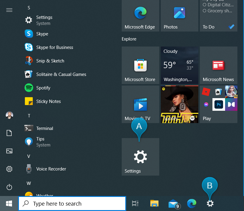 Pinned Settings shortcuts in the Start Menu and the taskbar