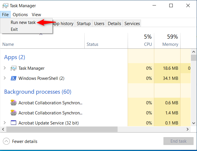 In Task Manager, go to File > Run new task