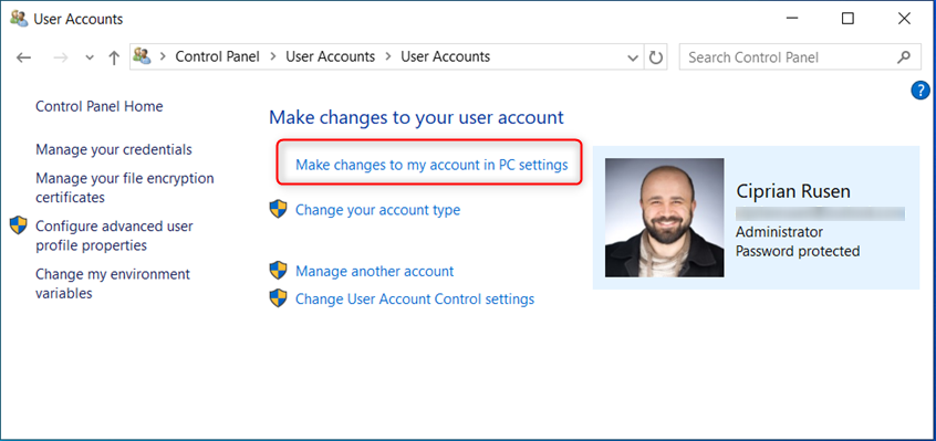 Click or tap Make changes to my account in PC Settings