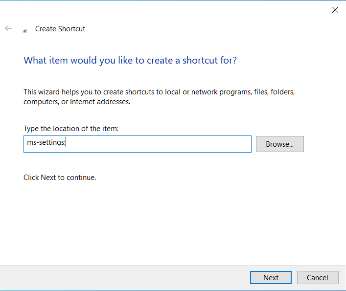 Type ms-settings: in the location field