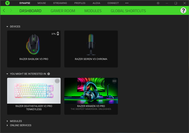 The Dashboard of the Razer Synapse software