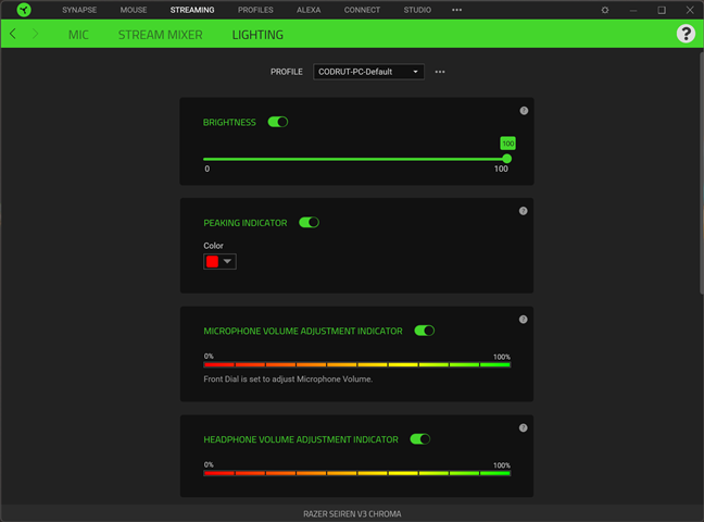 Lighting settings in Razer Synapse 