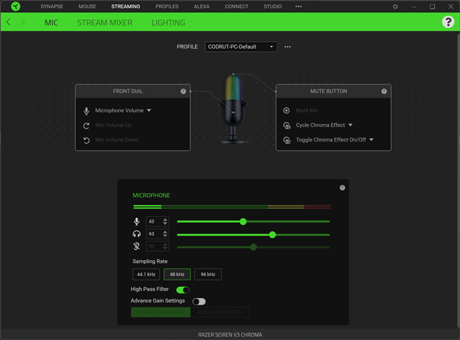 Mic settings for the Razer Seiren V3 Chroma