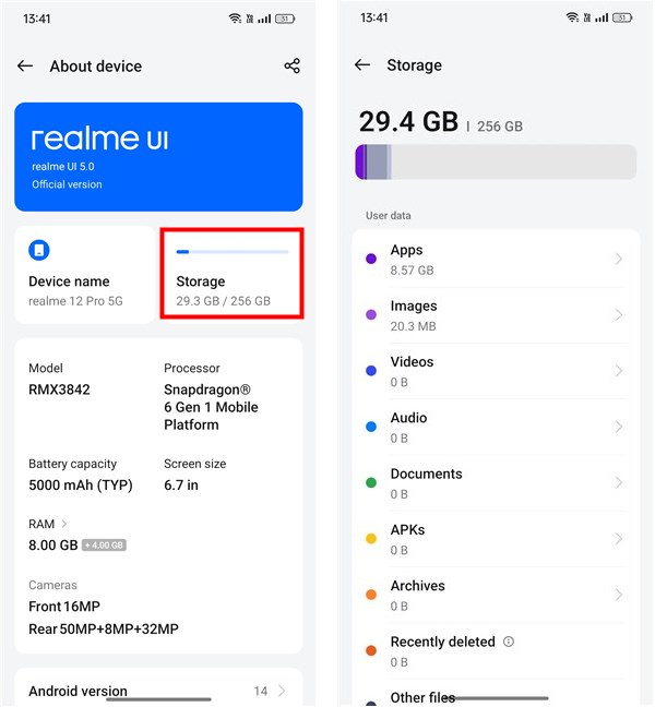 Storage available on the realme 12 Pro 5G