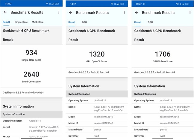 Benchmark results in Geekbench 6