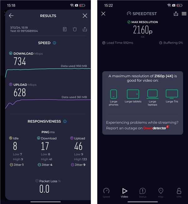 Benchmark results in Speedtest