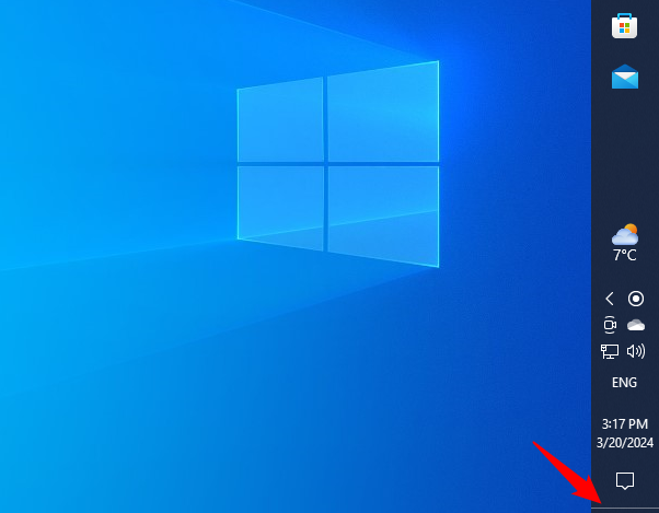 Click or tap the thin button at the base of a vertical taskbar to show the desktop in Windows 10