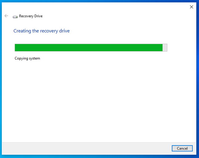 Creating the recovery USB drive may take a long time