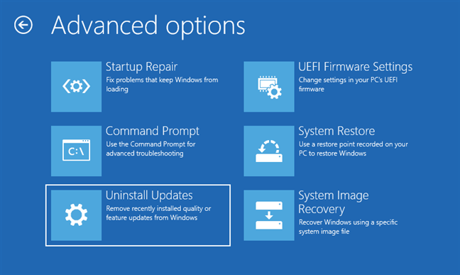 Troubleshooting options on a Windows recovery drive