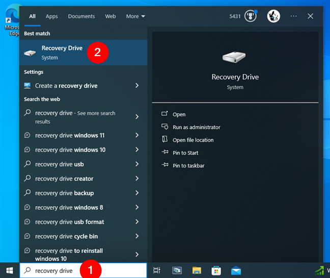 Use search to find Recovery Drive