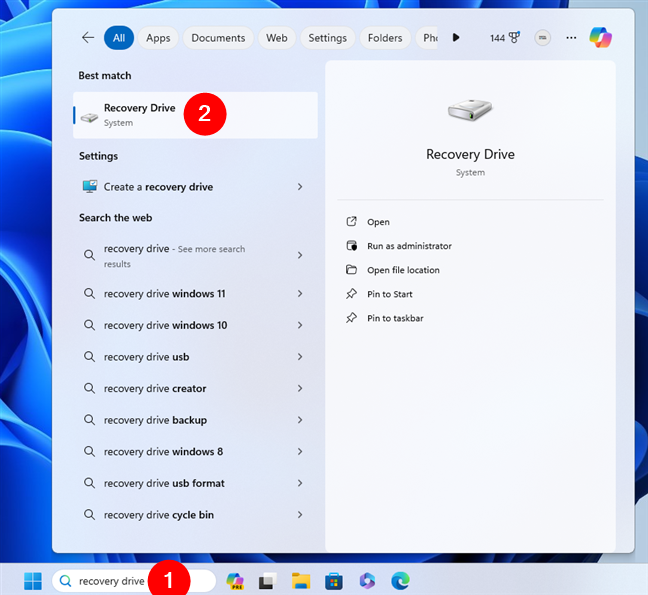 Searching for Recovery Drive in Windows 11