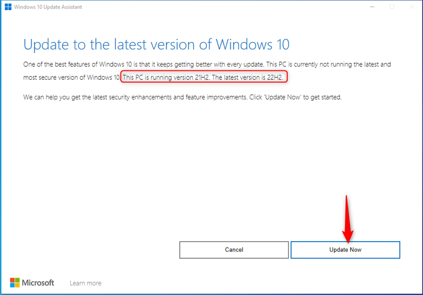 Press Update Now in the Windows 10 Update Assistant