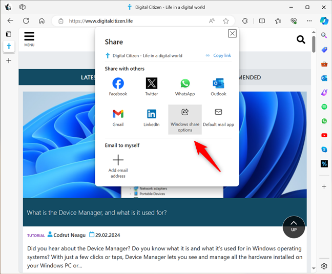 Click Windows share option in Edge