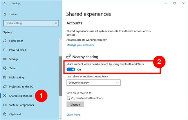 Enable the Nearby sharing switch in Shared experiences