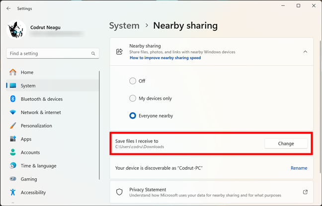 The location where files received via Nearby sharing are saved