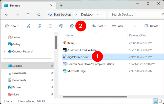Select the file and click Share in File Explorer's toolbar