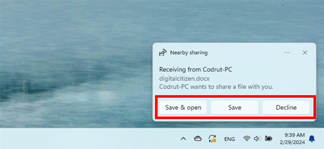 Notification about the share on the recipient PC