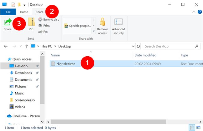 Select the file and click Share in File Explorer's toolbar