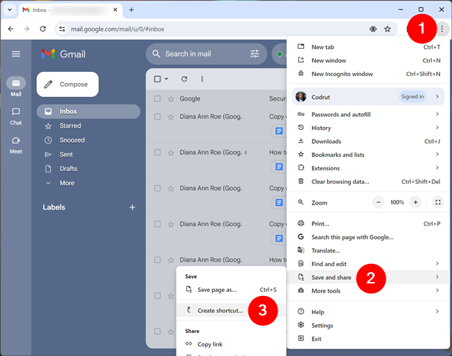 In Chrome's menu, go to Save and share and choose Create shortcut