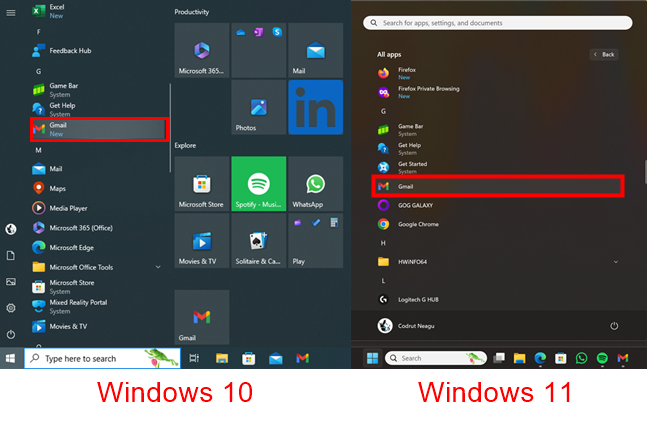 The shortcut for the Gmail app in the Start Menu (Windows 10 & Windows 11)