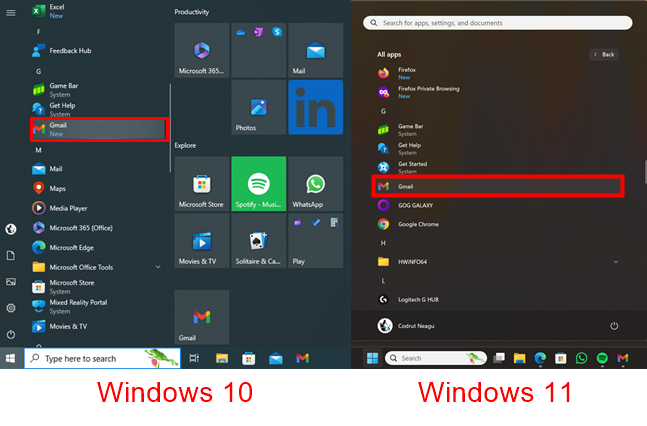 Gmail app's shortcut in the Start Menu (Windows 10 & Windows 11)