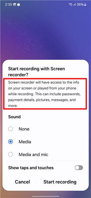 Waring about screen recording on Samsung devices