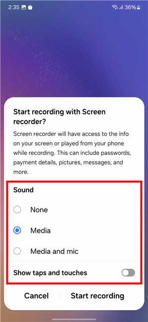 Select the sound options for the screen recording