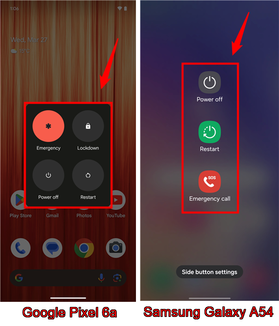 The power options menu on a Google Pixel vs. a Samsung Galaxy phone