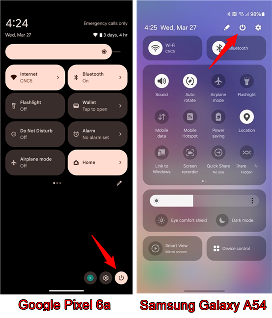 Tap the power button in the quick settings menu 