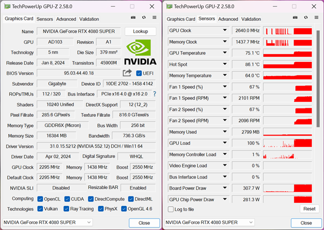 The graphics card's technical specs