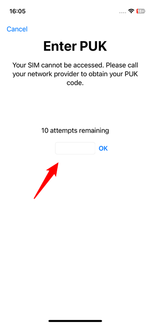 Enter the PUK on an iPhone