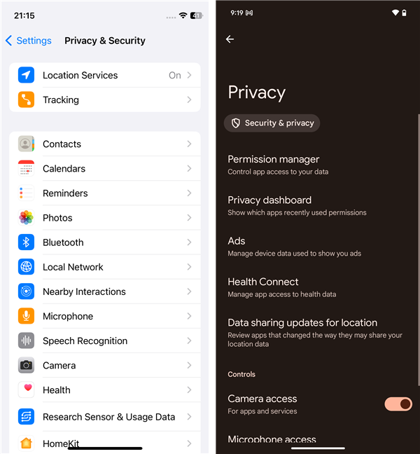 The privacy dashboard on an iPhone vs a Google Pixel