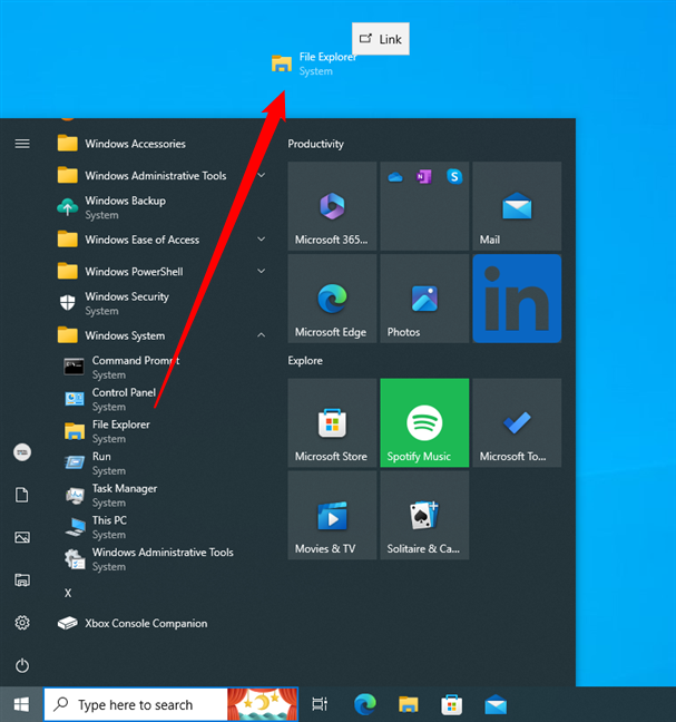 File Explorer shortcut pinned to the desktop of Windows 10