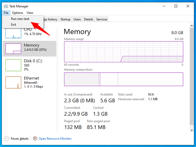 Run new task in Task Manager