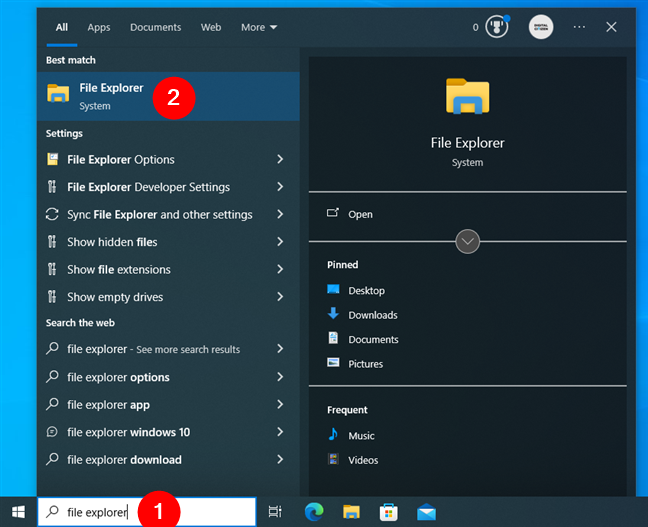 How to open File Explorer in Windows 10 using search