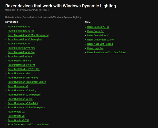 List of Razer devices that work with Windows Dynamic Lighting