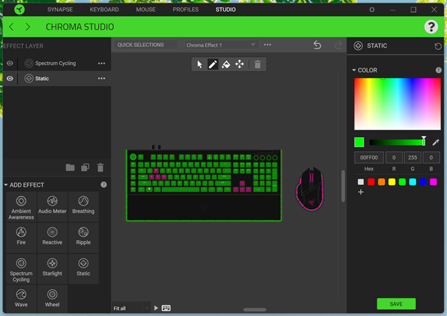 Customizing lighting effects in Razer's Synapse Chroma Studio