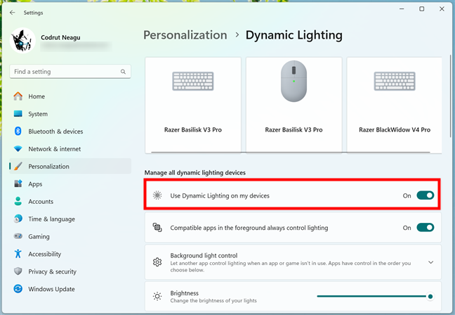 Enable the Use Dynamic Lighting on my devices switch
