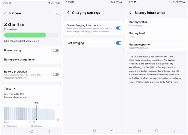 Battery details and fast charging settings