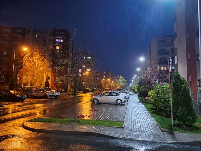 A photo shot at night while raining