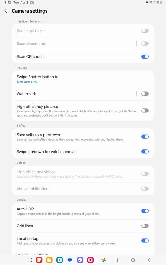 The camera settings for Samsung Galaxy Tab A9+